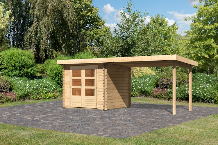 Karibu Woodfeeling Gartenhaus Bastrup 2 naturbelassen - 28 mm inkl. gratis Innenraum-Pflegebox im Wert von 99€