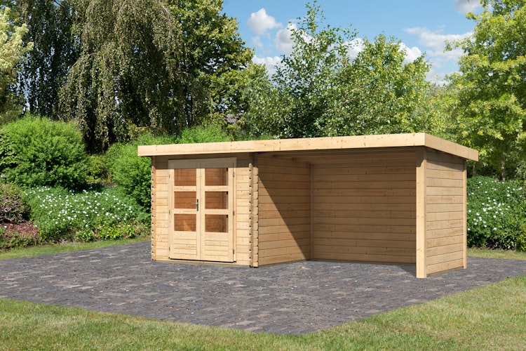 Karibu Woodfeeling Gartenhaus Bastrup 2 naturbelassen - 28 mm inkl. gratis Innenraum-Pflegebox im Wert von 99€