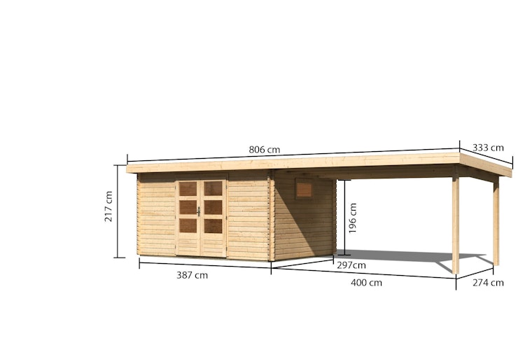 Karibu Woodfeeling Gartenhaus Trittau 3/5 inkl. 400 cm Anbaudach - 38 mm inkl. gratis Innenraum-Pflegebox im Wert von 99€ Bild