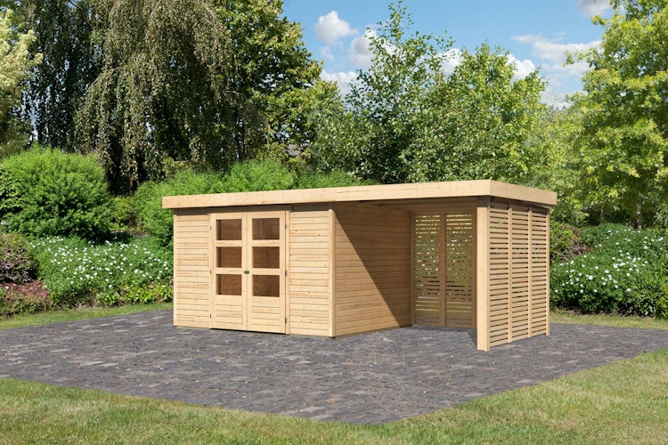 Karibu Woodfeeling Gartenhaus Askola 2/3/3,5/4/5 m. 240 cm Schleppdach/Seiten- und Rückwand in Lamellenoptik inkl. gratis Innenraum-Pflegebox im Wert von 99€