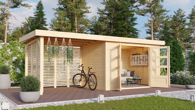 Karibu Woodfeeling Gartenhaus Askola 2/3/3,5/4/5 m. 275 cm Schleppdach/Seiten- und Rückwand in Lamellenoptik inkl. gratis Innenraum-Pflegebox im Wert von 99€ Bild