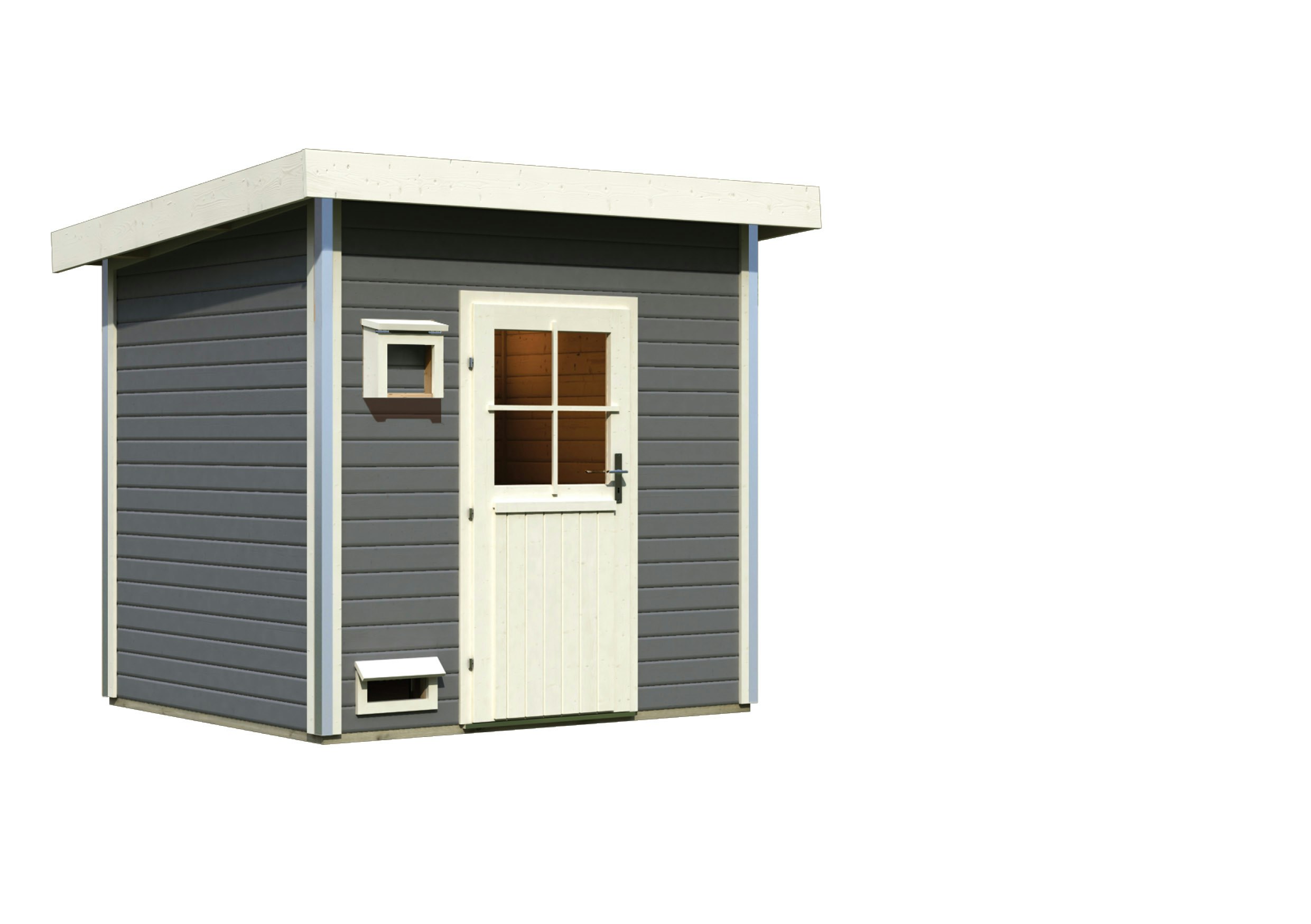 Karibu Gartensauna Pultdach Saunahaus Norge terragrau inkl. 9-teiligem gratis Zubehörpaket