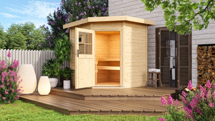 Karibu Gartensauna Pultdach Saunahaus Pekka mit Eckeinstieg naturbelassen inkl. gratis Saunaofen & 8-teiligem Zubehörpaket (Gesamtwert 1071,91€) Bild