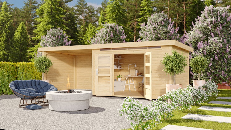 Karibu Woodfeeling Gartenhaus Kandern 6/7 mit 300 cm Schleppdach + Rückwand inkl. gratis Innenraum-Pflegebox im Wert von 99€ Bild