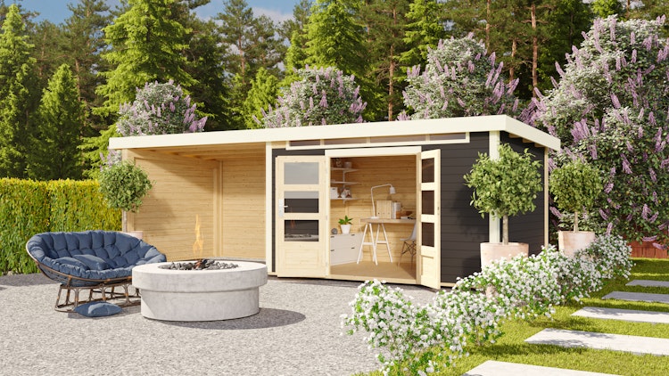 Karibu Woodfeeling Gartenhaus Kandern 6/7 mit 300 cm Schleppdach + Rückwand inkl. gratis Innenraum-Pflegebox im Wert von 99€ Bild