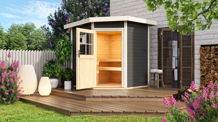 Karibu Gartensauna Pultdach Saunahaus Pekka mit Eckeinstieg terragrau inkl. gratis Saunaofen & 8-teiligem Zubehörpaket (Gesamtwert 1071,91€) Bild