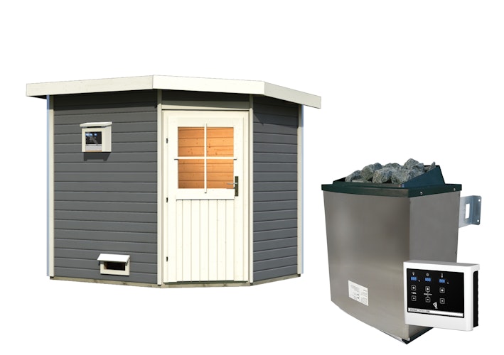 Karibu Gartensauna Pultdach Saunahaus Mikka mit Eckeinstieg terragrau