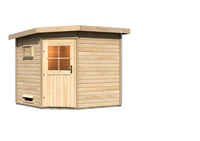 Karibu Gartensauna Pultdach Saunahaus Heikki mit Eckeinstieg naturbelassen inkl. 9-teiligem gratis Zubehörpaket Vorschaubild Galerie