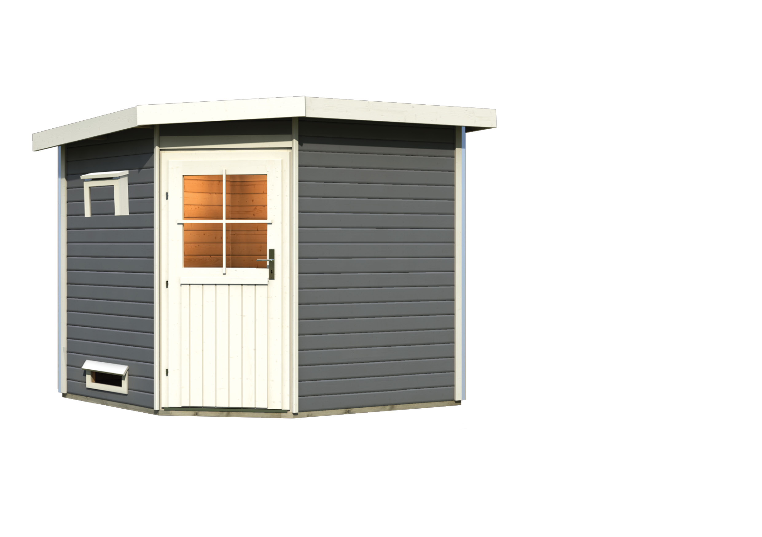 Vorschaubild Galerie Karibu Gartensauna Pultdach Saunahaus Heikki mit Eckeinstieg terragrau inkl. 9-teiligem gratis Zubehörpaket