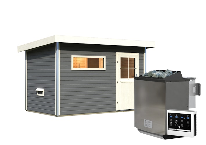 Karibu Gartensauna Pultdach Saunahaus Skrollan 1 mit Vorraum terragrau