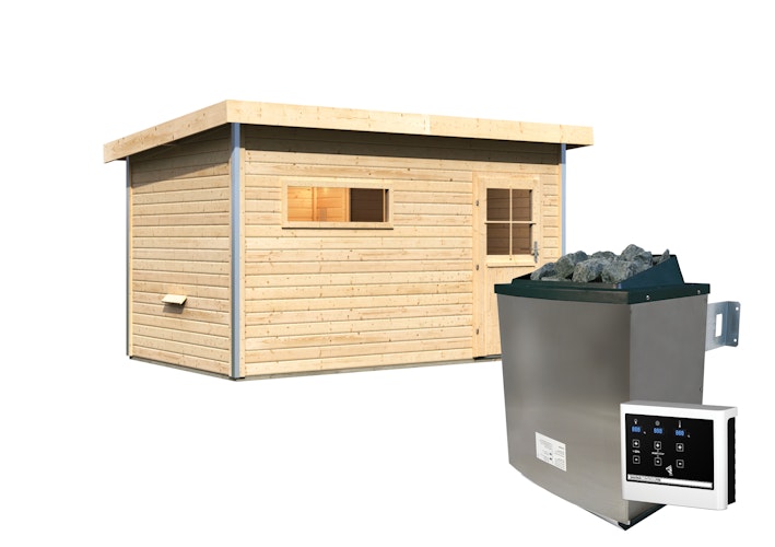 Karibu Saunahaus Skrollan 3 mit Vorraum naturbelassen (Rechteckfenster)