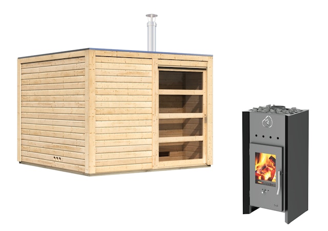 Karibu Gartensauna Saunahaus Cuben inkl. Vorraum - mit Holzofen inkl. 9-teiligem gratis Zubehörpaket Vorschaubild Galerie