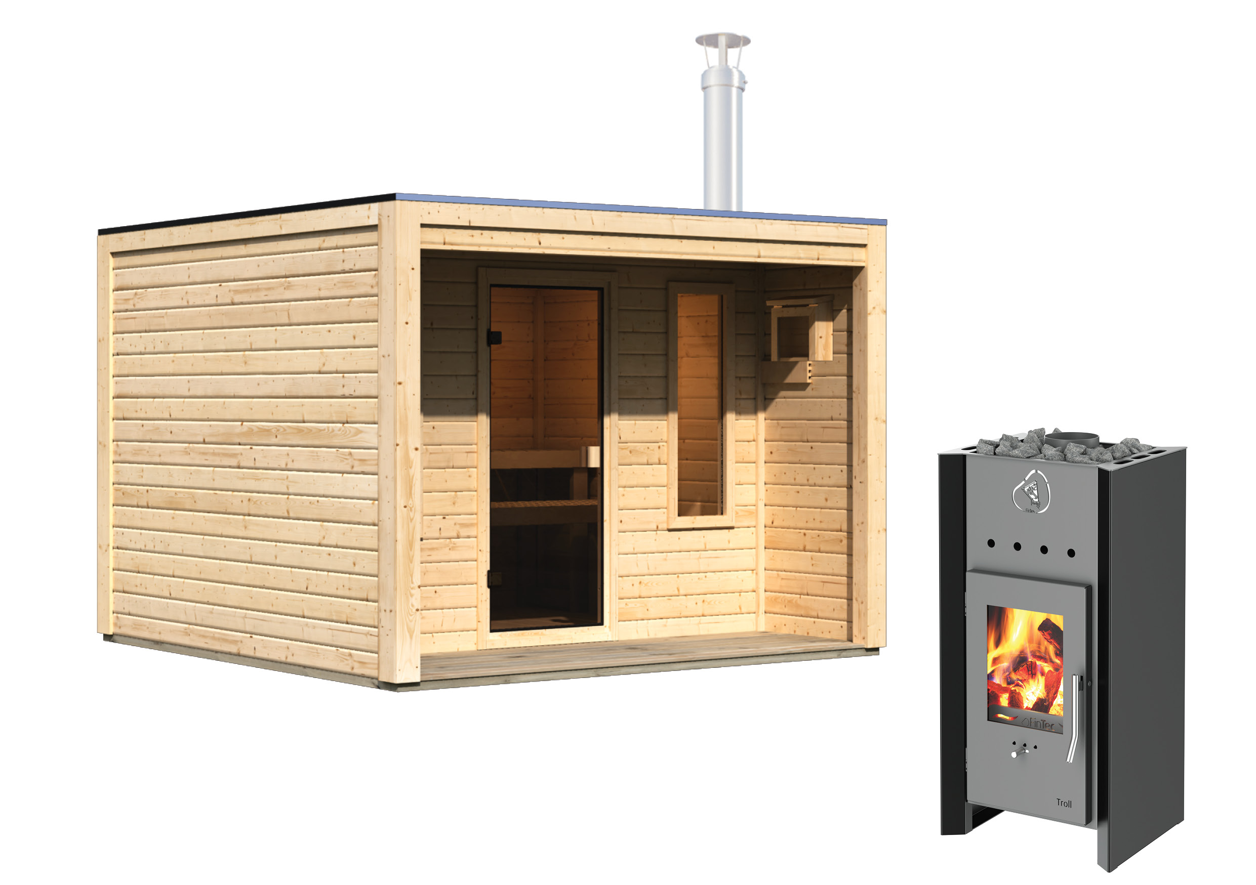 Vorschaubild Galerie Karibu Gartensauna Saunahaus Eldor inkl. Vorraum - mit Holzofen inkl. 9-teiligem gratis Zubehörpaket