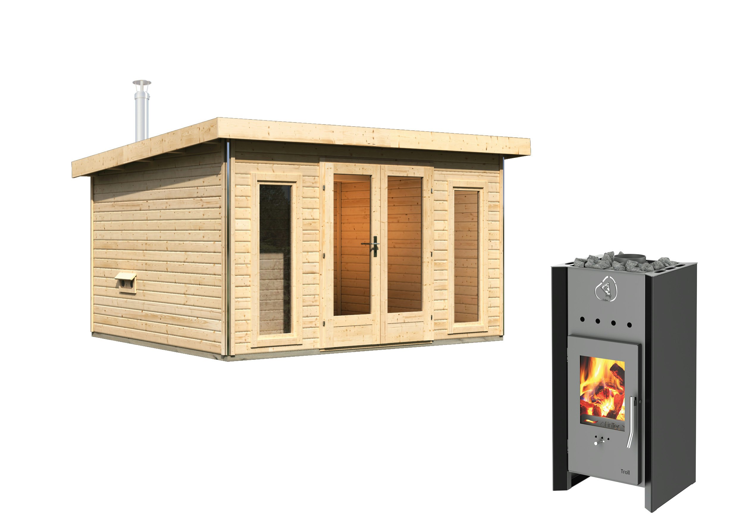 Karibu Saunahaus Mainburg 2 mit Vorraum - 38 mm mit Holzofen inkl. 9-teiligem gratis Zubehörpaket