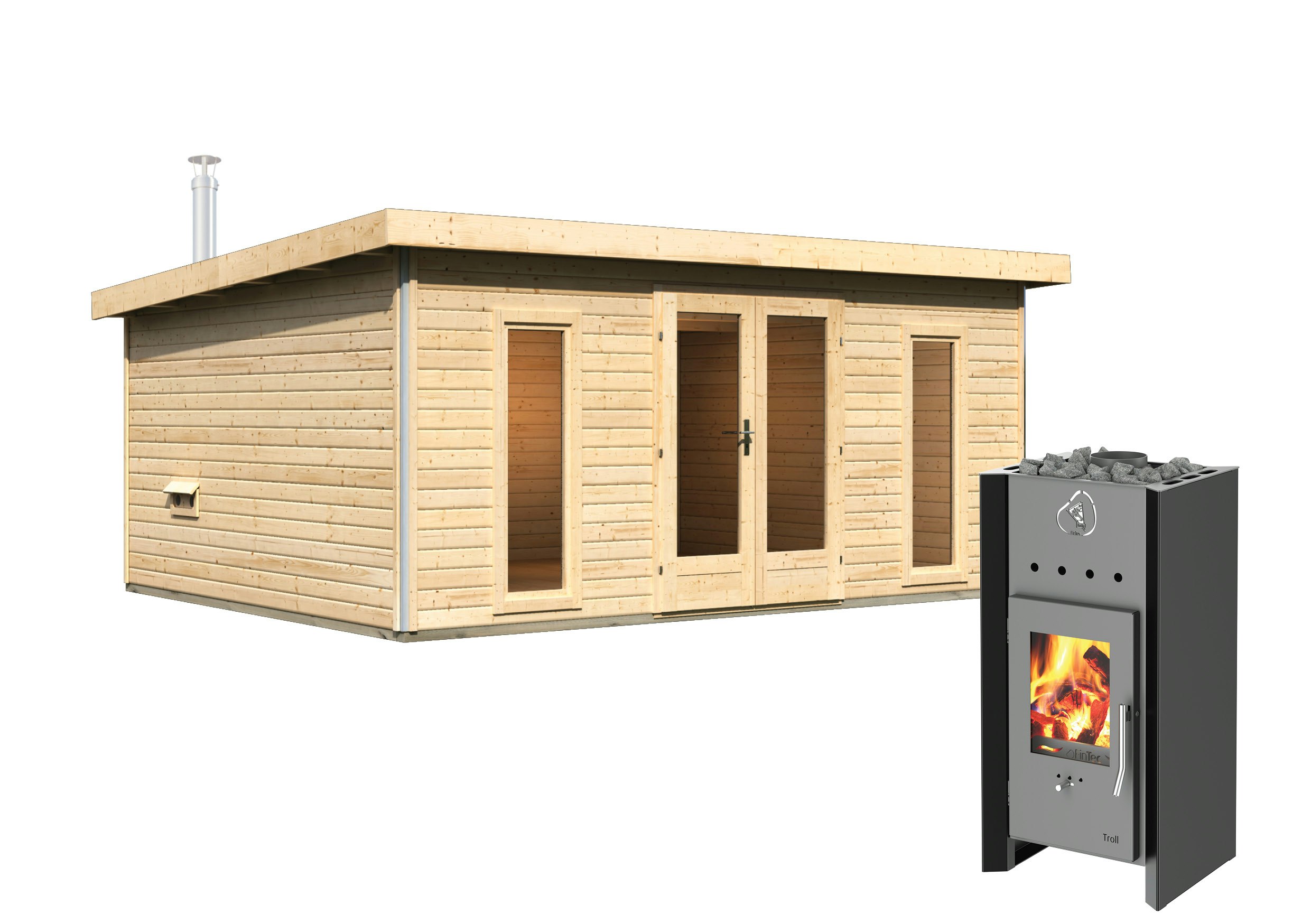 Karibu Saunahaus Mainburg 4 mit Vorraum - 38 mm mit Holzofen inkl. 9-teiligem gratis Zubehörpaket