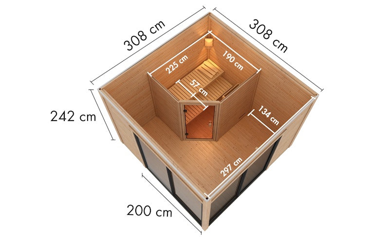 Karibu Design Saunahaus Terning 3 mit Vorraum - 38 mm inkl. gratis Saunaofen & 8-teiligem Zubehörpaket (Gesamtwert 1071,91€) Bild