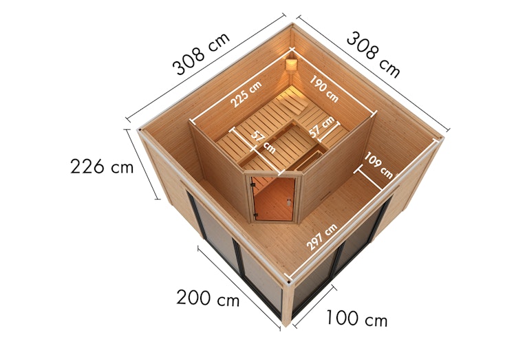 Karibu Design Saunahaus Terning 3 mit Vorraum - 38 mm inkl. gratis Saunaofen & 8-teiligem Zubehörpaket (Gesamtwert 1071,91€) Bild