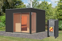 Karibu Design Saunahaus Terning 1 mit Vorraum - 38 mm mit Holzofen inkl. 9-teiligem gratis Zubehörpaket