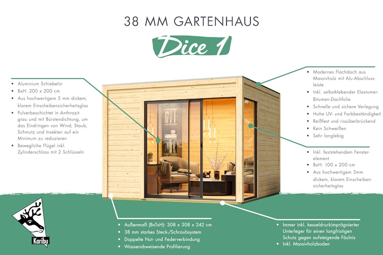 Karibu Design Gartenhaus Dice 1 mit Aluminium Schiebetür - 28/38 mm (Homeoffice-Gartenhaus) inkl. gratis Innenraum-Pflegebox im Wert von 99€ Bild