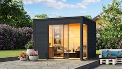 Karibu Design Gartenhaus Dice 1 mit Aluminium Schiebetür - 28/38 mm (Homeoffice-Gartenhaus) inkl. gratis Innenraum-Pflegebox im Wert von 99€