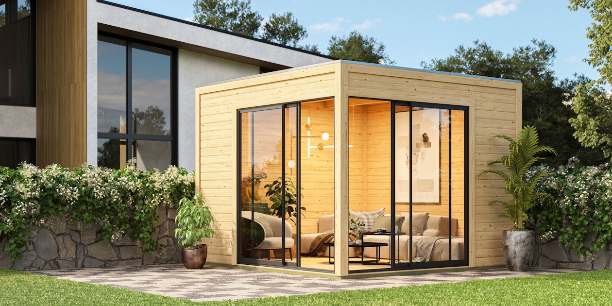 Karibu Design Gartenhaus Dice 3 mit 2 Aluminium Schiebetüren - 38 mm  (Homeoffice-Gartenhaus) | Mein-Gartenshop24