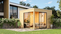 Karibu Design Gartenhaus Dice 3 mit 2 Aluminium Schiebetüren - 38 mm (Homeoffice-Gartenhaus) inkl. gratis Innenraum-Pflegebox im Wert von 99€