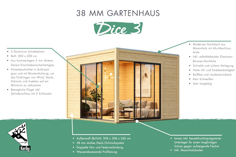 Karibu Design Gartenhaus Dice 3 mit 2 Aluminium Schiebetüren - 38 mm (Homeoffice-Gartenhaus) inkl. gratis Innenraum-Pflegebox im Wert von 99€