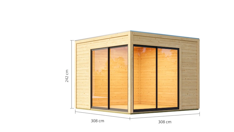 Karibu Design Gartenhaus Dice 3 mit 2 Aluminium Schiebetüren - 38 mm (Homeoffice-Gartenhaus) inkl. gratis Innenraum-Pflegebox im Wert von 99€