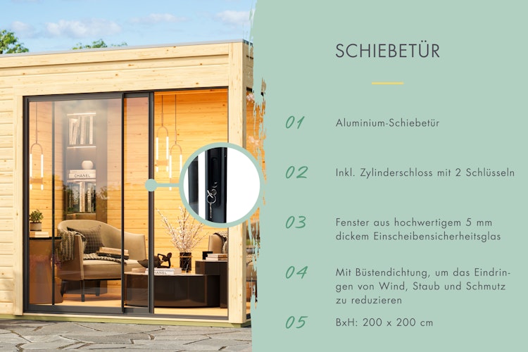 Karibu Design Gartenhaus Dice 3 mit 2 Aluminium Schiebetüren - 38 mm (Homeoffice-Gartenhaus) inkl. gratis Innenraum-Pflegebox im Wert von 99€