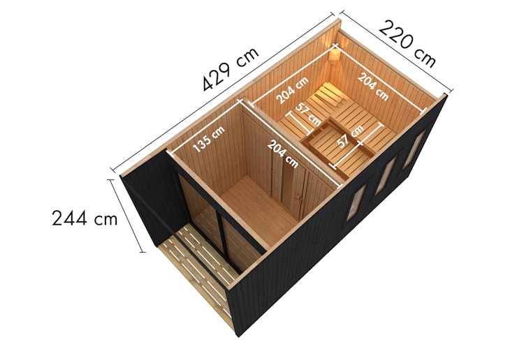 Karibu Design Saunahaus Miramar Blackline mit Vorraum - 73 mm inkl. gratis Saunaofen & 8-teiligem Zubehörpaket (Gesamtwert 1071,91€) Bild