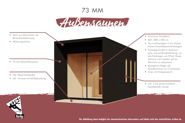 Karibu Design Saunahaus Miramar Blackline mit Vorraum - 73 mm inkl. gratis Saunaofen & 8-teiligem Zubehörpaket (Gesamtwert 1071,91€) Bild