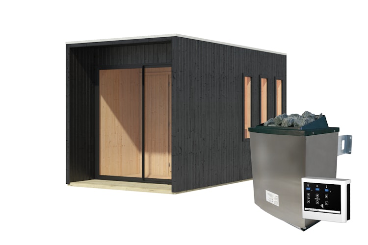 Karibu Design Saunahaus Miramar Blackline mit Vorraum - 73 mm
