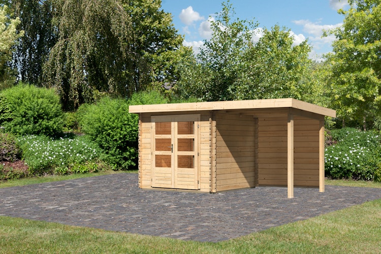 Karibu Woodfeeling Gartenhaus Bastrup 2 naturbelassen - 28 mm inkl. gratis Innenraum-Pflegebox im Wert von 99€