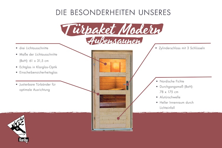 Karibu moderne Türe für Außensauna mit Klarglas-Lichtausschnitten