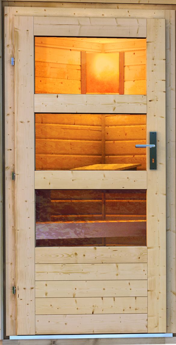 Vorschaubild Galerie Karibu moderne Türe für Außensauna mit Klarglas-Lichtausschnitten