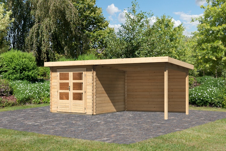 Karibu Woodfeeling Gartenhaus Bastrup 4 naturbelassen - 28 mm inkl. gratis Innenraum-Pflegebox im Wert von 99€ Bild