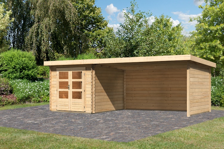 Karibu Woodfeeling Gartenhaus Bastrup 4 naturbelassen - 28 mm inkl. gratis Innenraum-Pflegebox im Wert von 99€ Bild