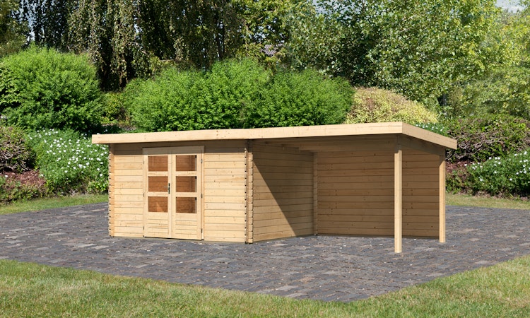 Karibu Woodfeeling Gartenhaus Bastrup 7 naturbelassen - 28 mm inkl. gratis Innenraum-Pflegebox im Wert von 99€ Bild