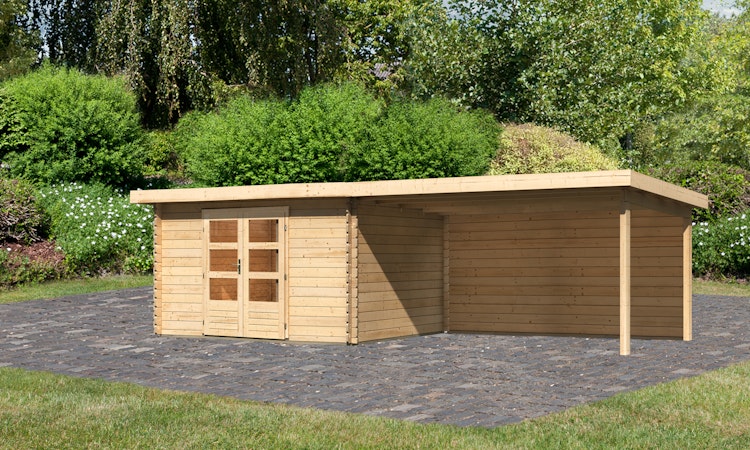 Karibu Woodfeeling Gartenhaus Bastrup 7 naturbelassen - 28 mm inkl. gratis Innenraum-Pflegebox im Wert von 99€ Bild