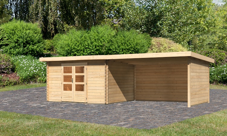 Karibu Woodfeeling Gartenhaus Bastrup 7 naturbelassen - 28 mm inkl. gratis Innenraum-Pflegebox im Wert von 99€ Bild