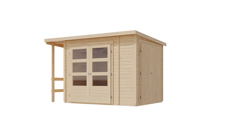 Karibu Multifunktionshaus Pultdach-Gartenhaus inkl. Schleppdach und Anbauschrank - 19 mm inkl. gratis Innenraum-Pflegebox im Wert von 99€