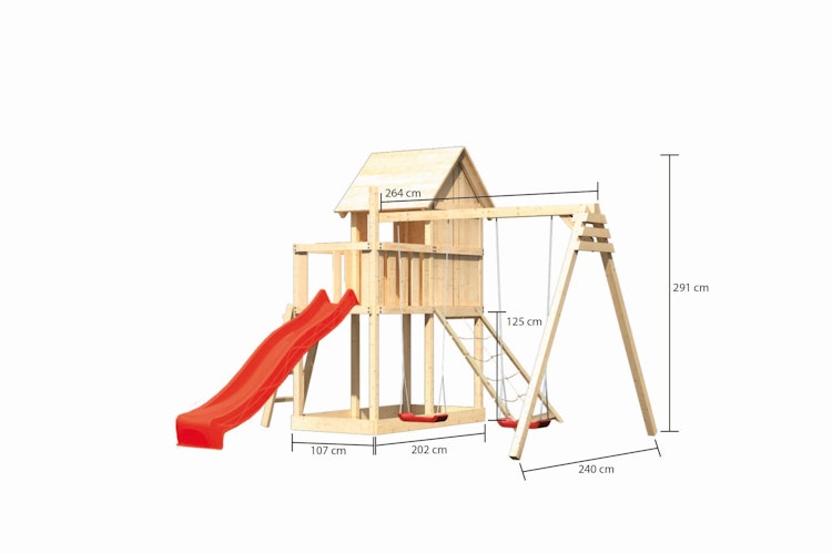 Akubi Stelzenhaus Frieda mit Wellenrutsche, Doppelschaukelanbau und Netzrampe Bild