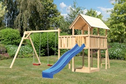 Akubi Kinderspielturm Danny mit Wellenrutsche, Doppelschaukelanbau und Anbauplattform inkl. gratis Zubehörset
