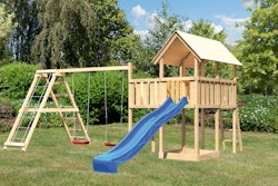 Akubi Kinderspielturm Danny mit Wellenrutsche, Doppelschaukelanbau, Klettergerüst und Anbauplattform inkl. gratis Zubehörset