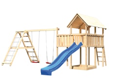Akubi Kinderspielturm Danny mit Wellenrutsche, Doppelschaukelanbau, Klettergerüst und Anbauplattform inkl. gratis Zubehörset