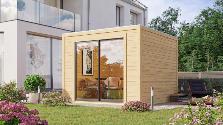 Karibu Design Gartenhaus Dice 1 mit Aluminium Schiebetür - 28/38 mm (Homeoffice-Gartenhaus) inkl. gratis Innenraum-Pflegebox im Wert von 99€ Bild