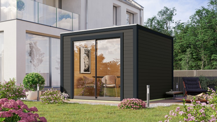 Karibu Design Gartenhaus Dice 1 mit Aluminium Schiebetür - 28/38 mm (Homeoffice-Gartenhaus) inkl. gratis Innenraum-Pflegebox im Wert von 99€ Bild