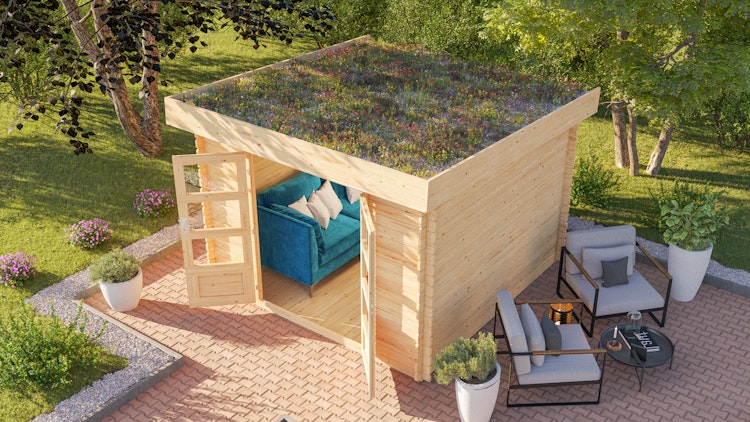 Karibu Gartenhaus Blockbohlenhaus Flora 3/5 - inkl. Dachbegrünungsmaterial inkl. gratis Innenraum-Pflegebox im Wert von 99€