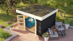 Karibu Gartenhaus Blockbohlenhaus Flora 3/5 - inkl. Dachbegrünungsmaterial inkl. gratis Innenraum-Pflegebox im Wert von 99€