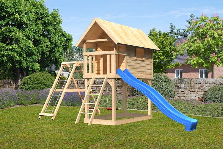 Akubi Kinderspielhaus Kinderspielgerät Gernegroß inkl. Wellenrutsche, Doppelschaukelanbau mit Klettergerüst und Netzrampe Bild